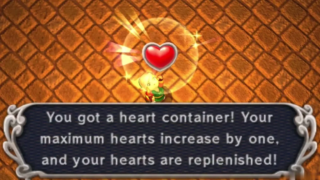 Link holds up a Heart Container, with the box saying maximum hearts increase by one Link holds up a Heart Container, with the box saying maximum hearts increase by one