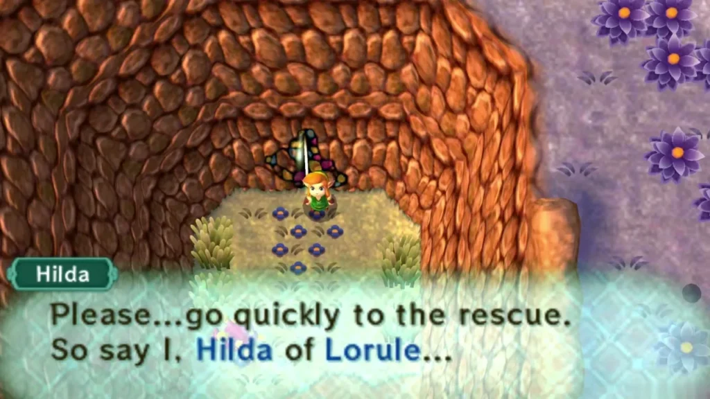 Princess Hilda speaks to Link on his arrival in Lorule, asking him to hurry to the rescue Princess Hilda speaks to Link on his arrival in Lorule, asking him to hurry to the rescue