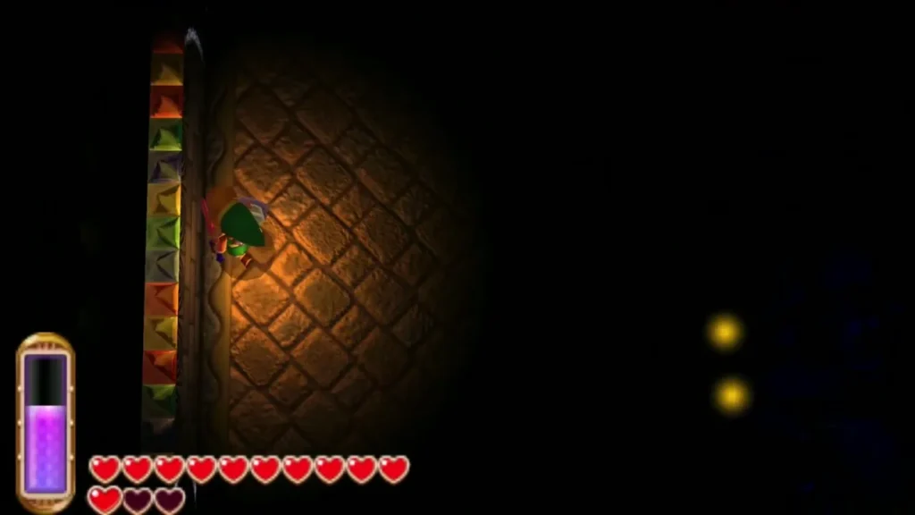 Link lit by his lamp in the dark room while the Gemesaur King is hidden Link lit by his lamp in the dark room while the Gemesaur King is hidden