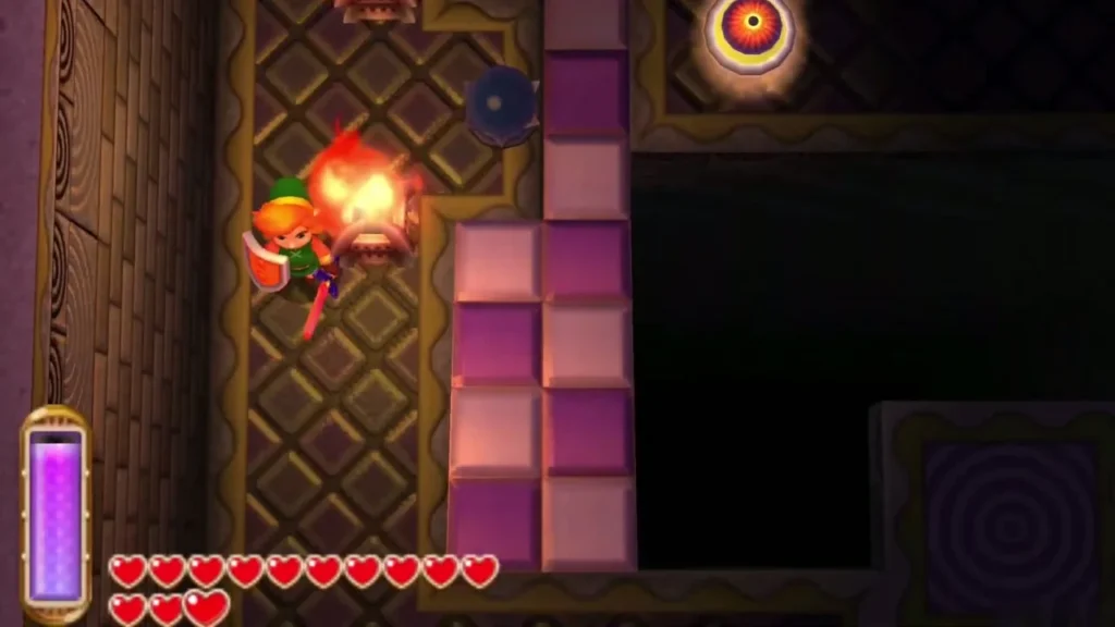 Link with the Lamp lit in the dark first room, a Bomb blast beside the cracked wall Link with the Lamp lit in the dark first room, a Bomb blast beside the cracked wall