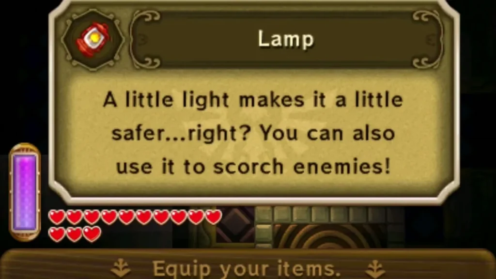 Lamp message box, explaining the light also lets Link scorch enemies Lamp message box, explaining the light also lets Link scorch enemies