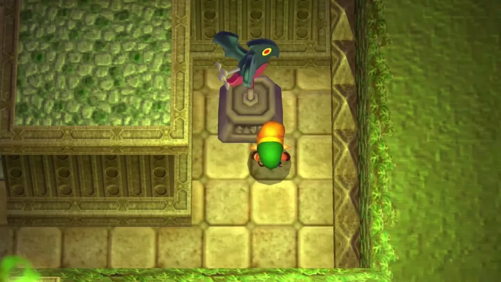 Link standing beside the Lorule Weather Vane at the foot of the palace stairs Link standing beside the Lorule Weather Vane at the foot of the palace stairs