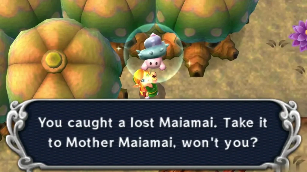 Link holds up a caught lost Maiamai in a bubble beside the round-canopied trees Link holds up a caught lost Maiamai in a bubble beside the round-canopied trees