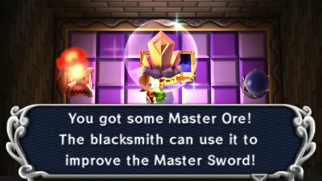 Master Ore floating above Link in the purple-tile room with the item message box Master Ore floating above Link in the purple-tile room with the item message box