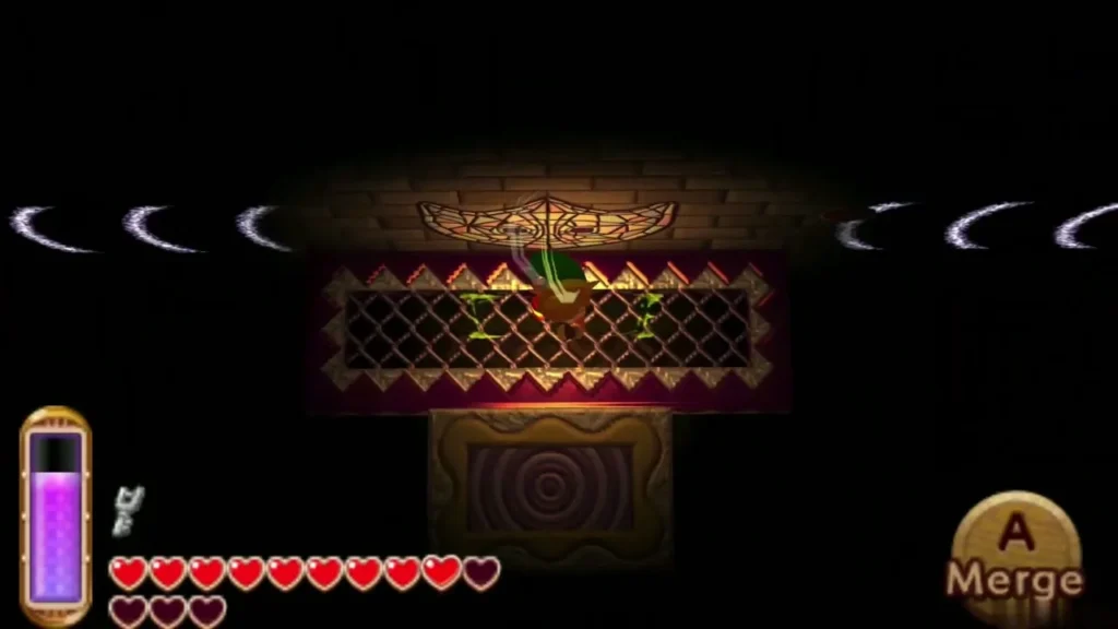 Link merging against a lattice wall in a dark room, Merge prompt showing Link merging against a lattice wall in a dark room, Merge prompt showing