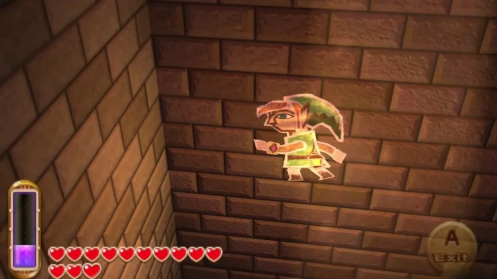Link flattened into the brick wall as a painting, sliding along toward the Small Key ledge Link flattened into the brick wall as a painting, sliding along toward the Small Key ledge