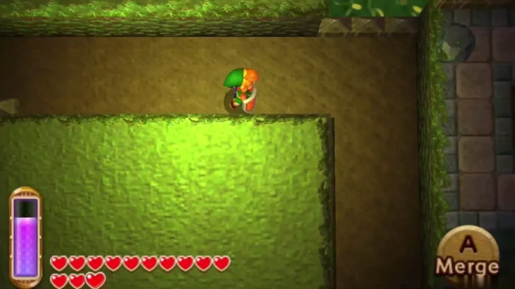 Link merging into the edge of a maze path beside a wall as a guard turns away Link merging into the edge of a maze path beside a wall as a guard turns away