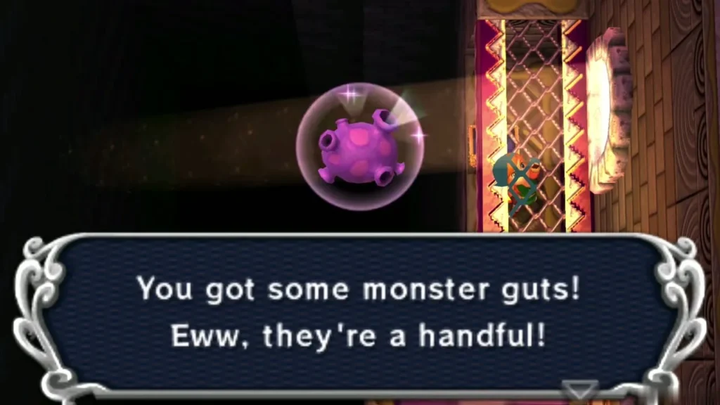 Monster Guts floating in a bubble beside Link, with the item message box Monster Guts floating in a bubble beside Link, with the item message box