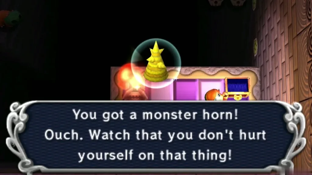 Link holding up a Monster Horn under the 'You got a monster horn!' message box Link holding up a Monster Horn under the 'You got a monster horn!' message box