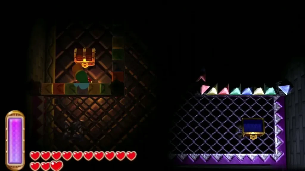 Link standing at an open chest in a dim Dark Palace room Link standing at an open chest in a dim Dark Palace room