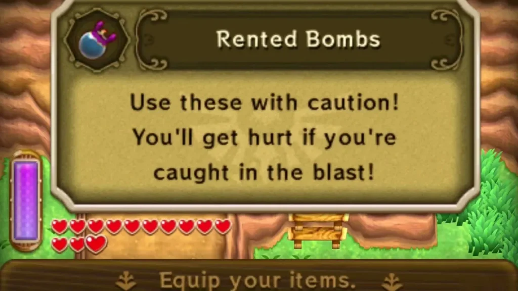 Rented Bombs message box, warning that the blast hurts if Link is caught in it Rented Bombs message box, warning that the blast hurts if Link is caught in it