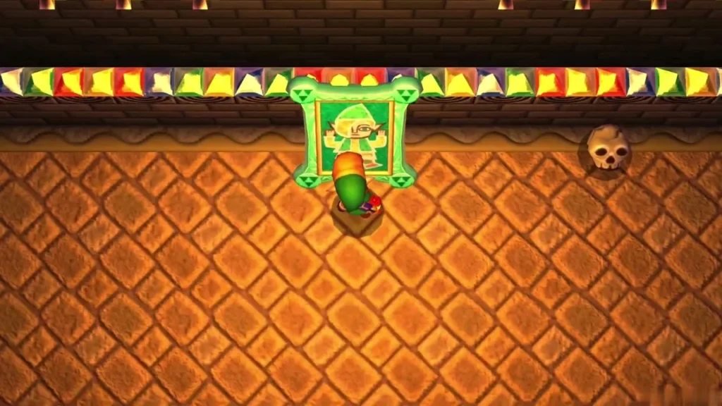 A green replica mask hangs on the boss room's north wall, with Link below it A green replica mask hangs on the boss room's north wall, with Link below it