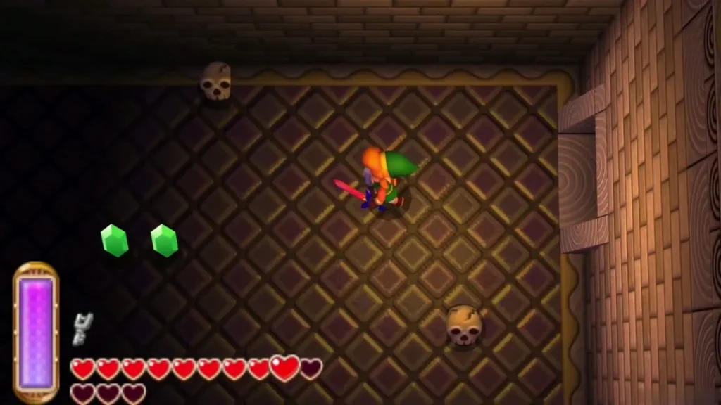 Link among green Rupees in a dark tiled B1 room Link among green Rupees in a dark tiled B1 room