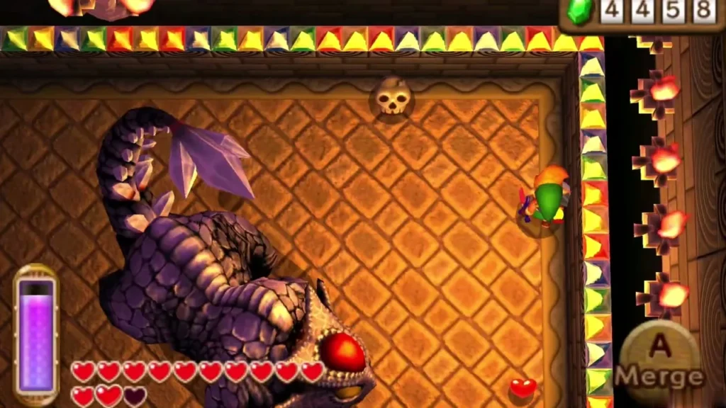 Link standing beside the Gemesaur King's exposed red-eyed head Link standing beside the Gemesaur King's exposed red-eyed head