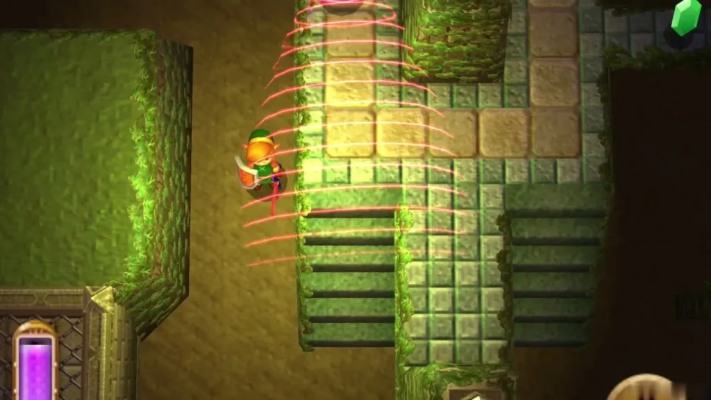 Link beside a maze wall while red guard sight lines sweep across the path Link beside a maze wall while red guard sight lines sweep across the path
