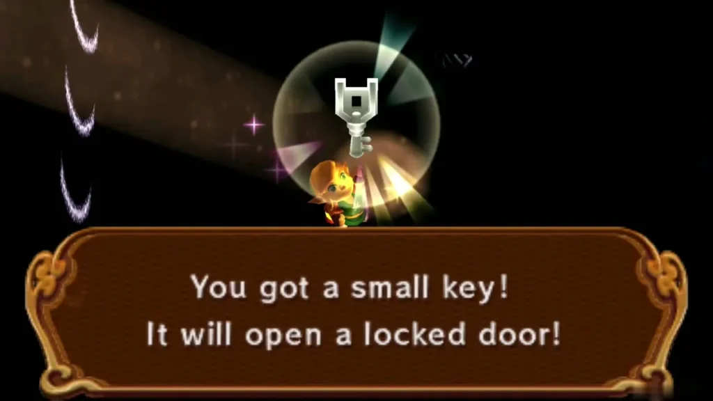 Link raising the Small Key above his head beside the 'You got a small key!' message Link raising the Small Key above his head beside the 'You got a small key!' message