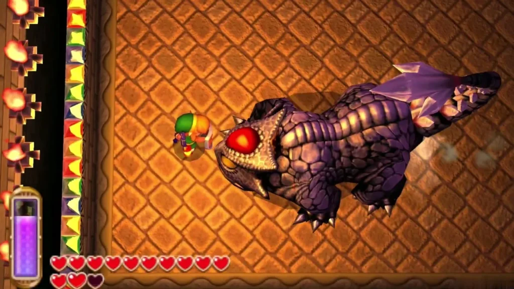 Link slashing with his sword at the Gemesaur King's exposed forehead Link slashing with his sword at the Gemesaur King's exposed forehead
