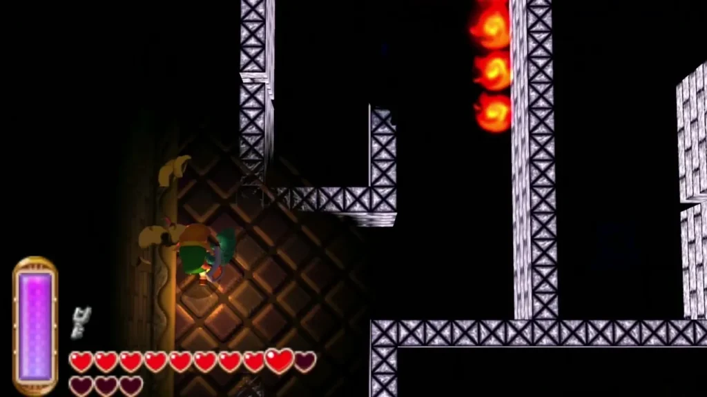 Link beside a torch-lit tiled path in the dark lower B1 room Link beside a torch-lit tiled path in the dark lower B1 room