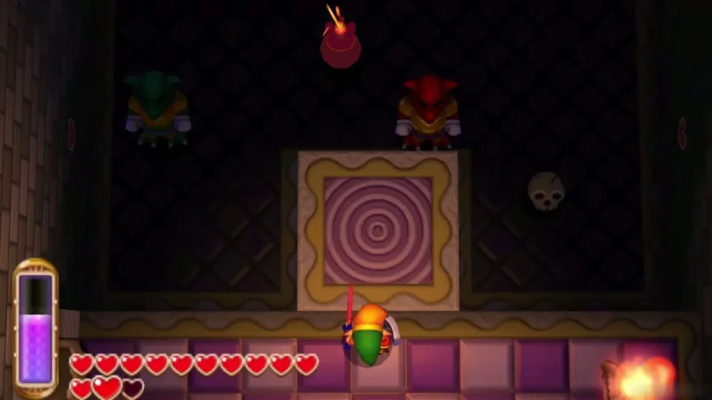 Link faces a green and a red Goriya across the purple-tiled Goriya room Link faces a green and a red Goriya across the purple-tiled Goriya room