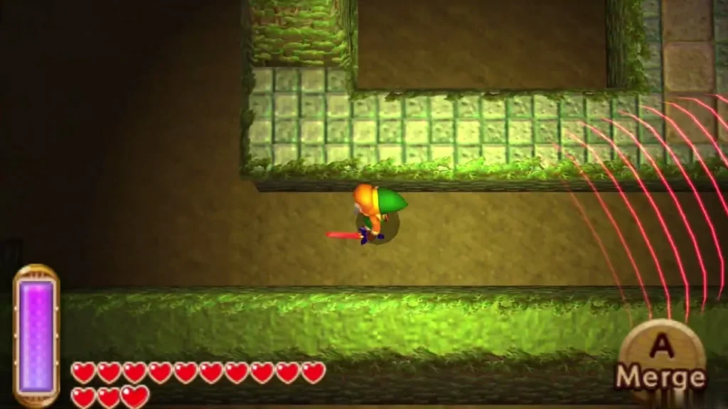 Link pressed against a corridor wall, a guard beam sweeping past, the Merge prompt showing Link pressed against a corridor wall, a guard beam sweeping past, the Merge prompt showing