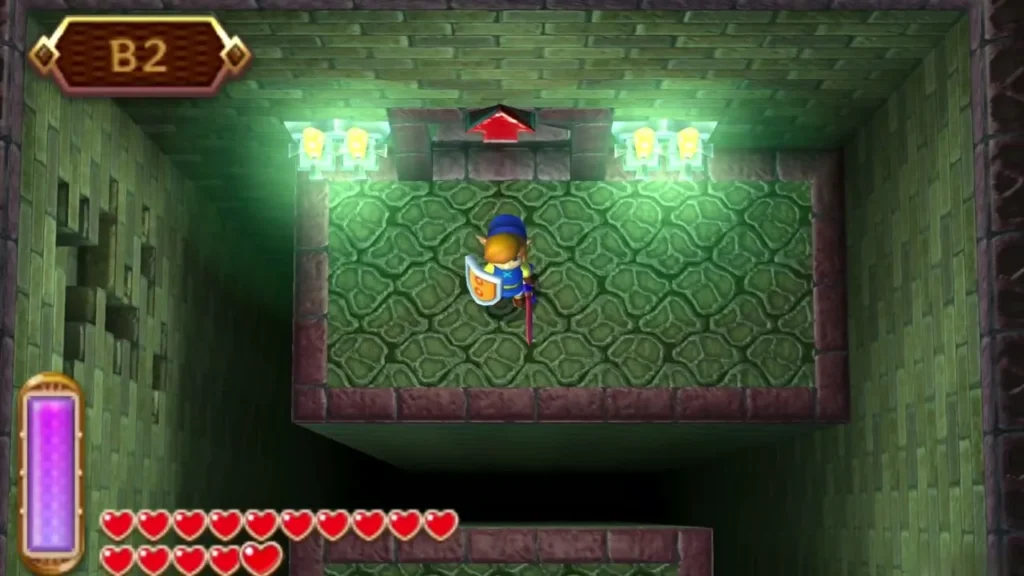 Link standing in the B2 room after the stairs, with the B2 floor name card at top Link standing in the B2 room after the stairs, with the B2 floor name card at top
