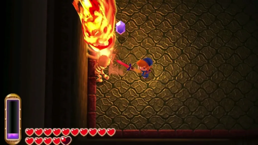 A burning Stalfos on the dark room floor as Link swings his sword A burning Stalfos on the dark room floor as Link swings his sword