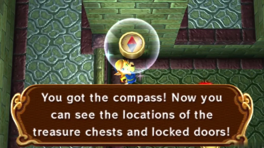 Link holding up the Compass with the message box about chests and locked doors Link holding up the Compass with the message box about chests and locked doors
