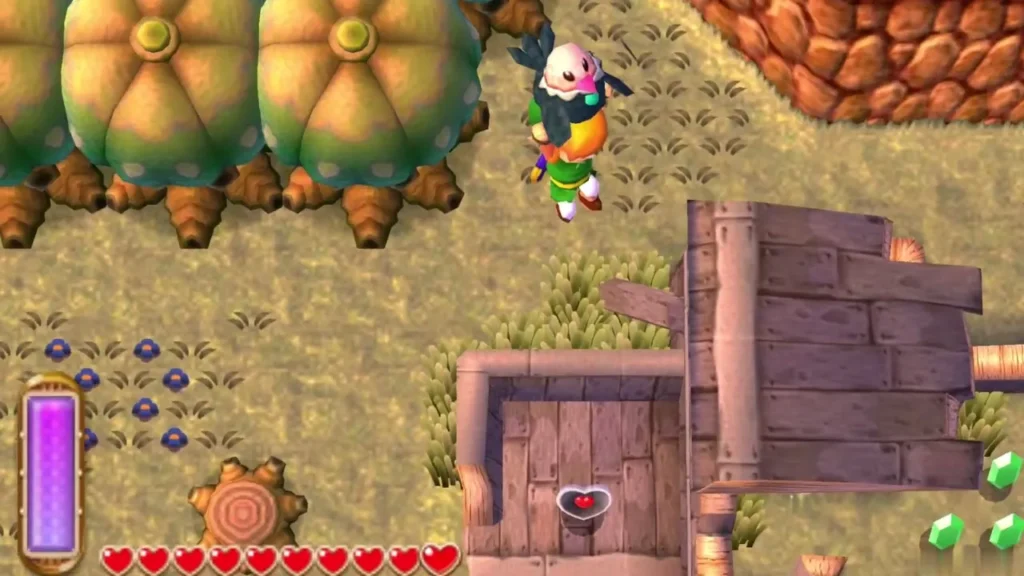 Link lifts a Cucco above his head beside the wooden shack, with the Heart Piece visible inside it Link lifts a Cucco above his head beside the wooden shack, with the Heart Piece visible inside it
