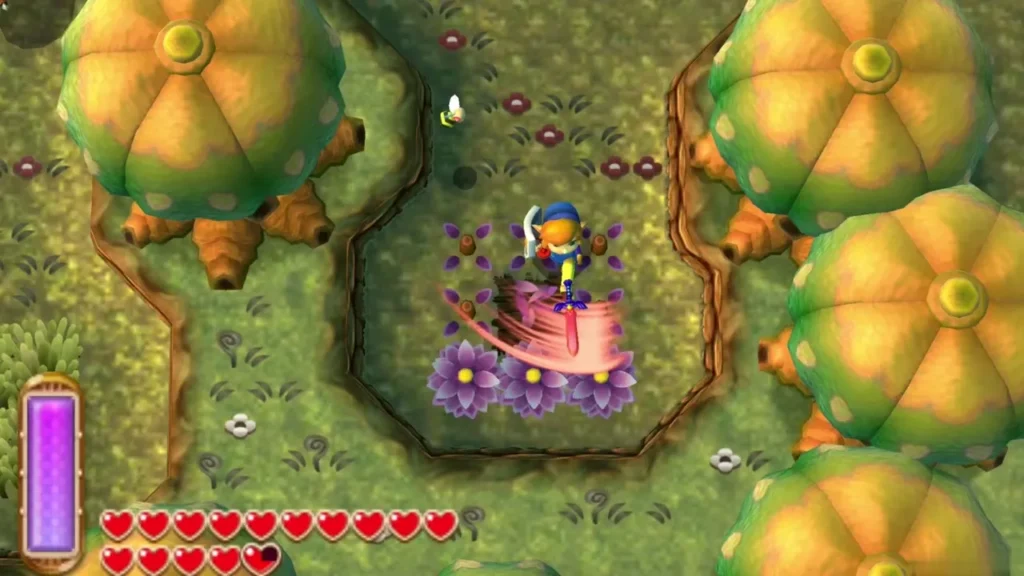 Link slashing the purple flower grass patch in the forest, where the hole lies underneath Link slashing the purple flower grass patch in the forest, where the hole lies underneath