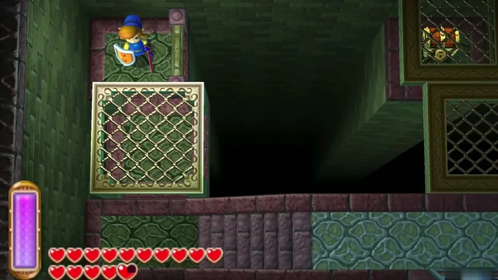Link on the upper ledge beside a grate platform in the large dark room of Skull Woods Link on the upper ledge beside a grate platform in the large dark room of Skull Woods