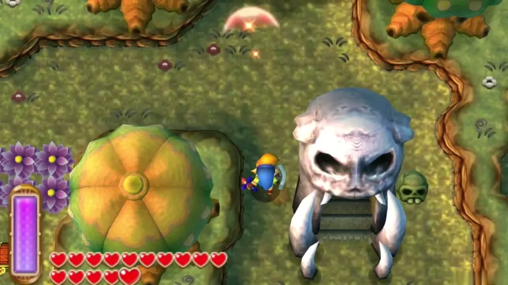 Link stepping out of the Skull Woods dungeon entrance into the forest Link stepping out of the Skull Woods dungeon entrance into the forest