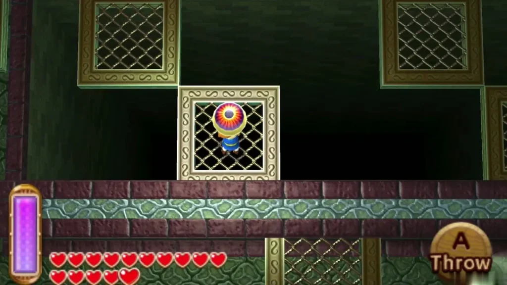 Link carrying the second eyeball across a grated pit gap in the dungeon Link carrying the second eyeball across a grated pit gap in the dungeon