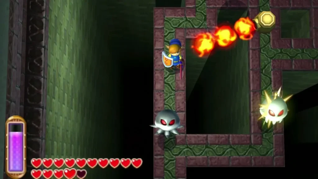 Link on the crowded walkway with a Gibdo, a Bari and spinning fire bars Link on the crowded walkway with a Gibdo, a Bari and spinning fire bars