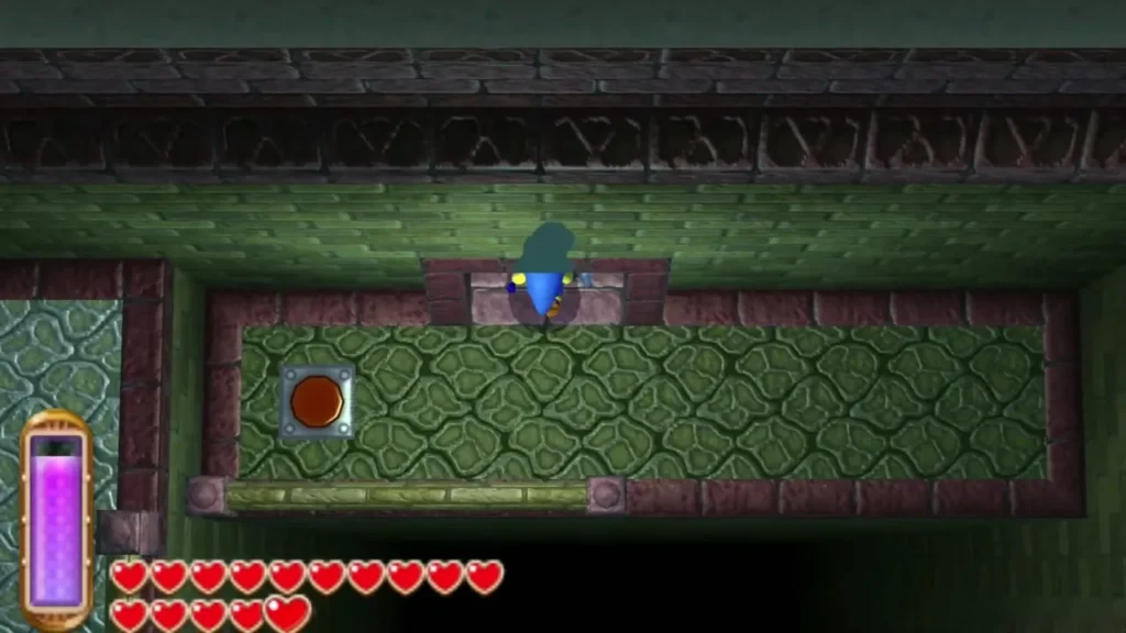 Link at the top of a room with a block track and a floor button to its left Link at the top of a room with a block track and a floor button to its left