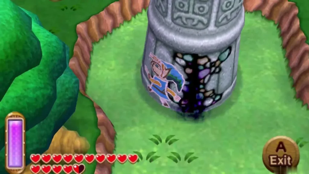 Link merged into a stone pillar, the fissure entrance, with the Exit prompt showing Link merged into a stone pillar, the fissure entrance, with the Exit prompt showing