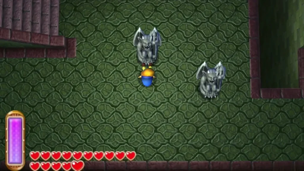Link standing between two gargoyle statues on the green tiled floor of B2 Link standing between two gargoyle statues on the green tiled floor of B2