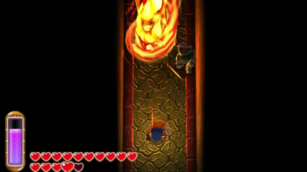 Gibdo beside a spinning fire bar in the narrow Skull Woods corridor Gibdo beside a spinning fire bar in the narrow Skull Woods corridor