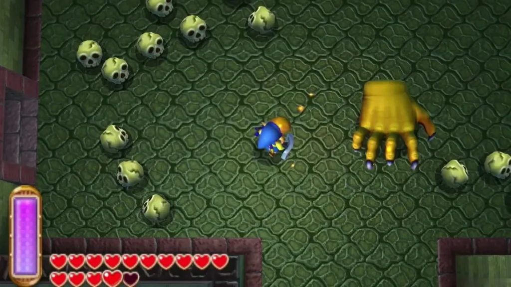 A giant golden hand drops into a skull-filled room as Link walks past A giant golden hand drops into a skull-filled room as Link walks past