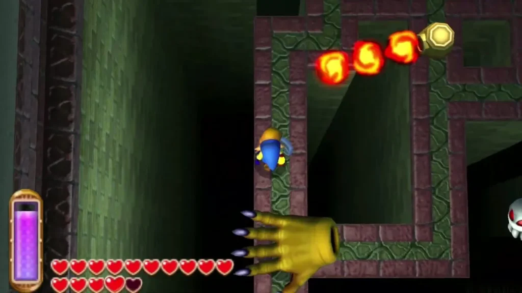 A golden hand rises from the floor of a maze corridor beside Link A golden hand rises from the floor of a maze corridor beside Link