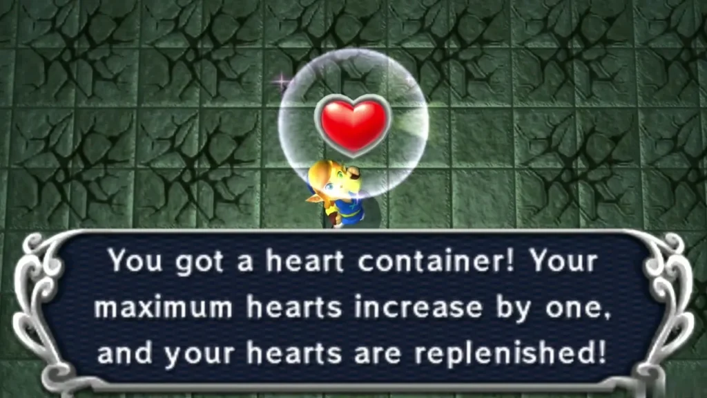 Link holding up a Heart Container with the box saying his maximum hearts increase Link holding up a Heart Container with the box saying his maximum hearts increase