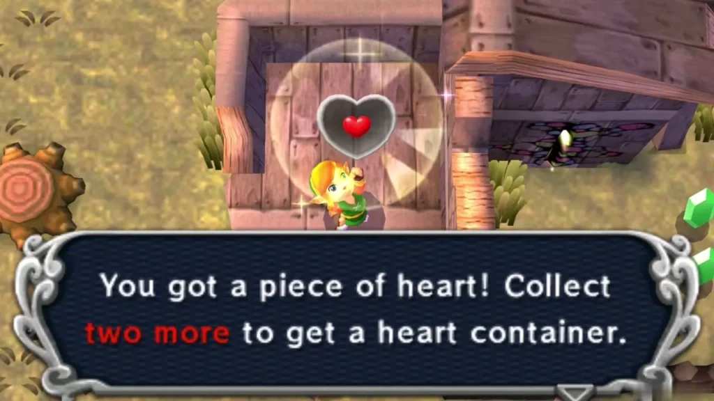 Link holds up a Heart Piece in the wooden shack, with the You got a piece of heart box complete Link holds up a Heart Piece in the wooden shack, with the You got a piece of heart box complete
