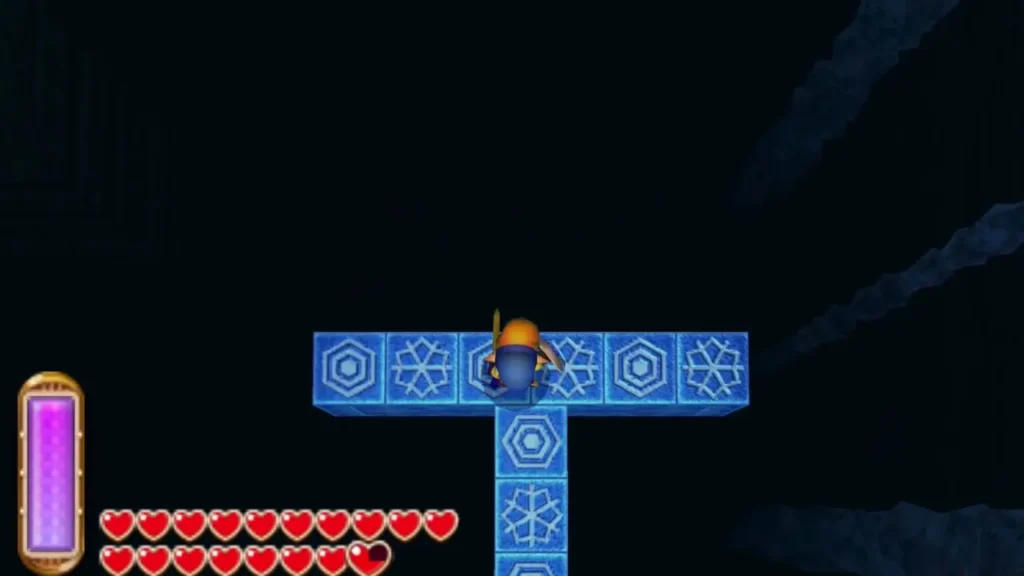 Link stands on a blue snowflake tile walkway in the dark Ice Ruins Link stands on a blue snowflake tile walkway in the dark Ice Ruins