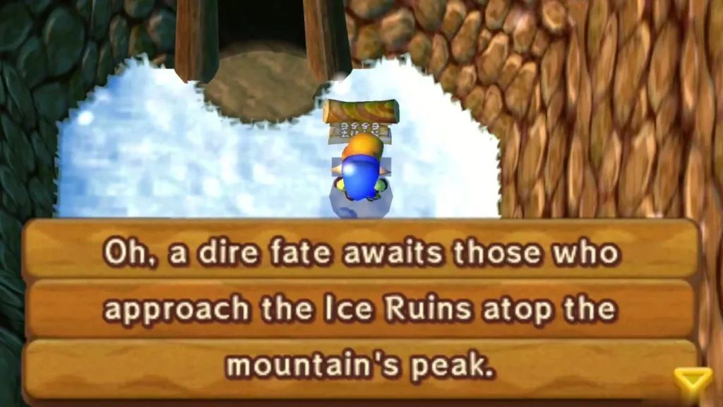 A wooden sign on the snowy Death Mountain path warns of the Ice Ruins atop the peak A wooden sign on the snowy Death Mountain path warns of the Ice Ruins atop the peak