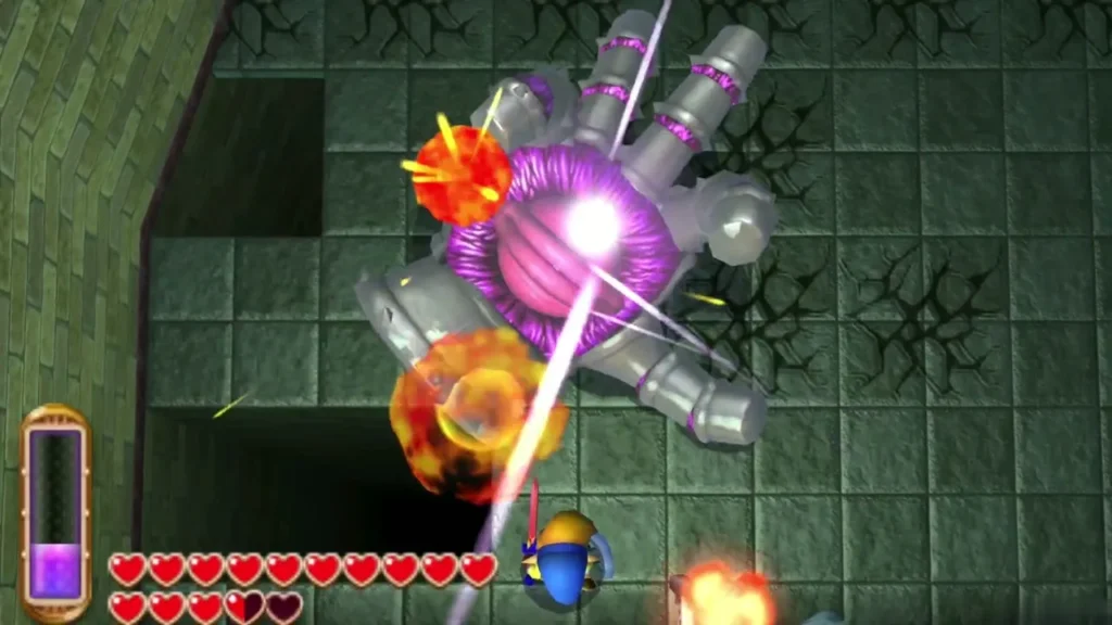 Link striking the purple eye of the Knucklemaster glove with his sword Link striking the purple eye of the Knucklemaster glove with his sword