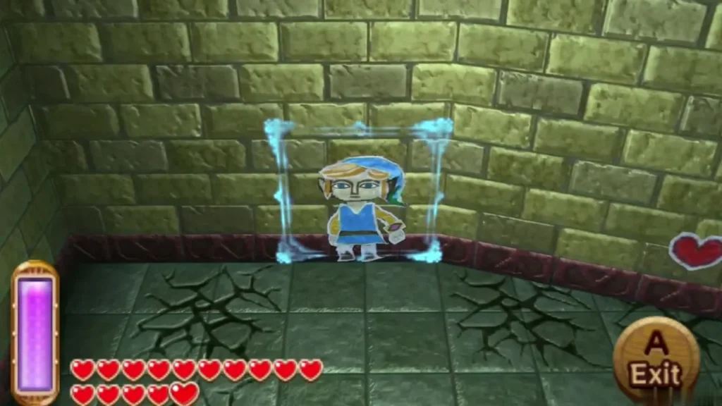 Link merged into the wall beside the cracked arena floor, with the Exit prompt showing Link merged into the wall beside the cracked arena floor, with the Exit prompt showing