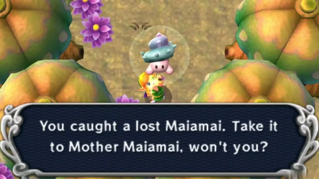 Link holds up a lost Maiamai between large round trees and purple flowers, with the catch message complete Link holds up a lost Maiamai between large round trees and purple flowers, with the catch message complete