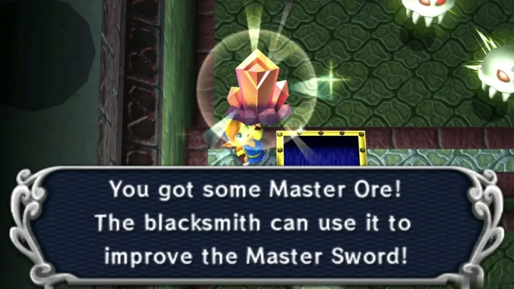 Link holding up the Master Ore, with the box saying the Blacksmith can improve the Master Sword Link holding up the Master Ore, with the box saying the Blacksmith can improve the Master Sword