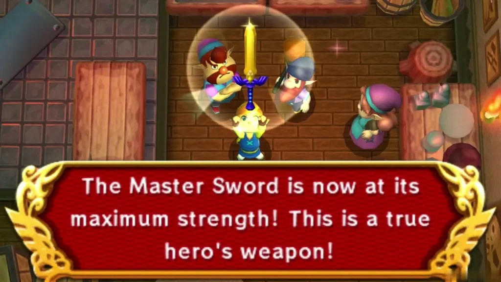 Link raising the Master Sword after the Blacksmith's upgrade, with the maximum strength message Link raising the Master Sword after the Blacksmith's upgrade, with the maximum strength message