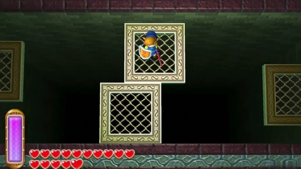 Link merged into the wall grate, squeezing through a narrow gap in Skull Woods Link merged into the wall grate, squeezing through a narrow gap in Skull Woods