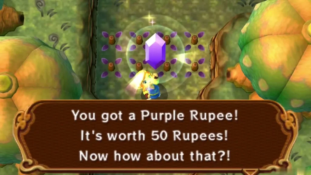 Link holding up a Purple Rupee in the forest, with the You got a Purple Rupee box Link holding up a Purple Rupee in the forest, with the You got a Purple Rupee box